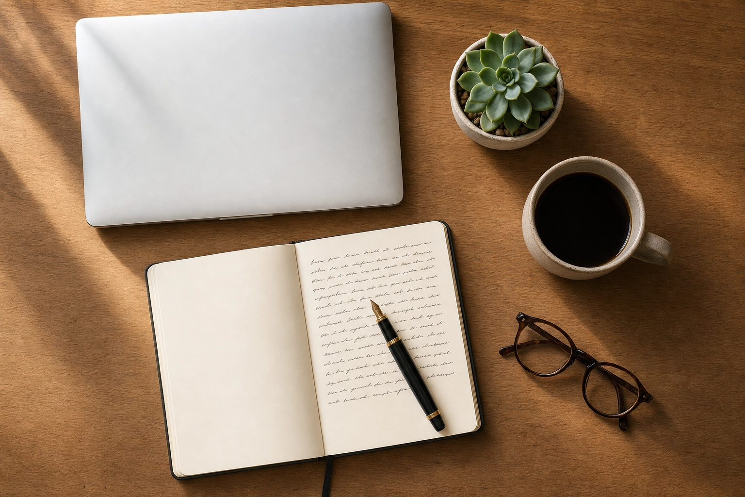 Plano superior de uma secretária com caderno, caneta e café, evocando a escrita da saudação e da despedida de um email