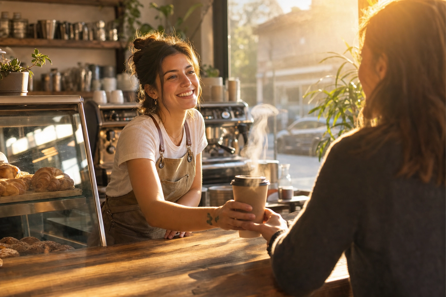 Um barista a cumprimentar um cliente com um alegre bom dia ao balcão de um café banhado pelo sol ao nascer do dia