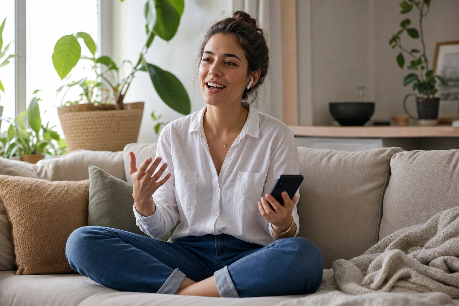 Aprendiz de línguas com auriculares a praticar cumprimentos em inglês em voz alta em casa, num sofá acolhedor
