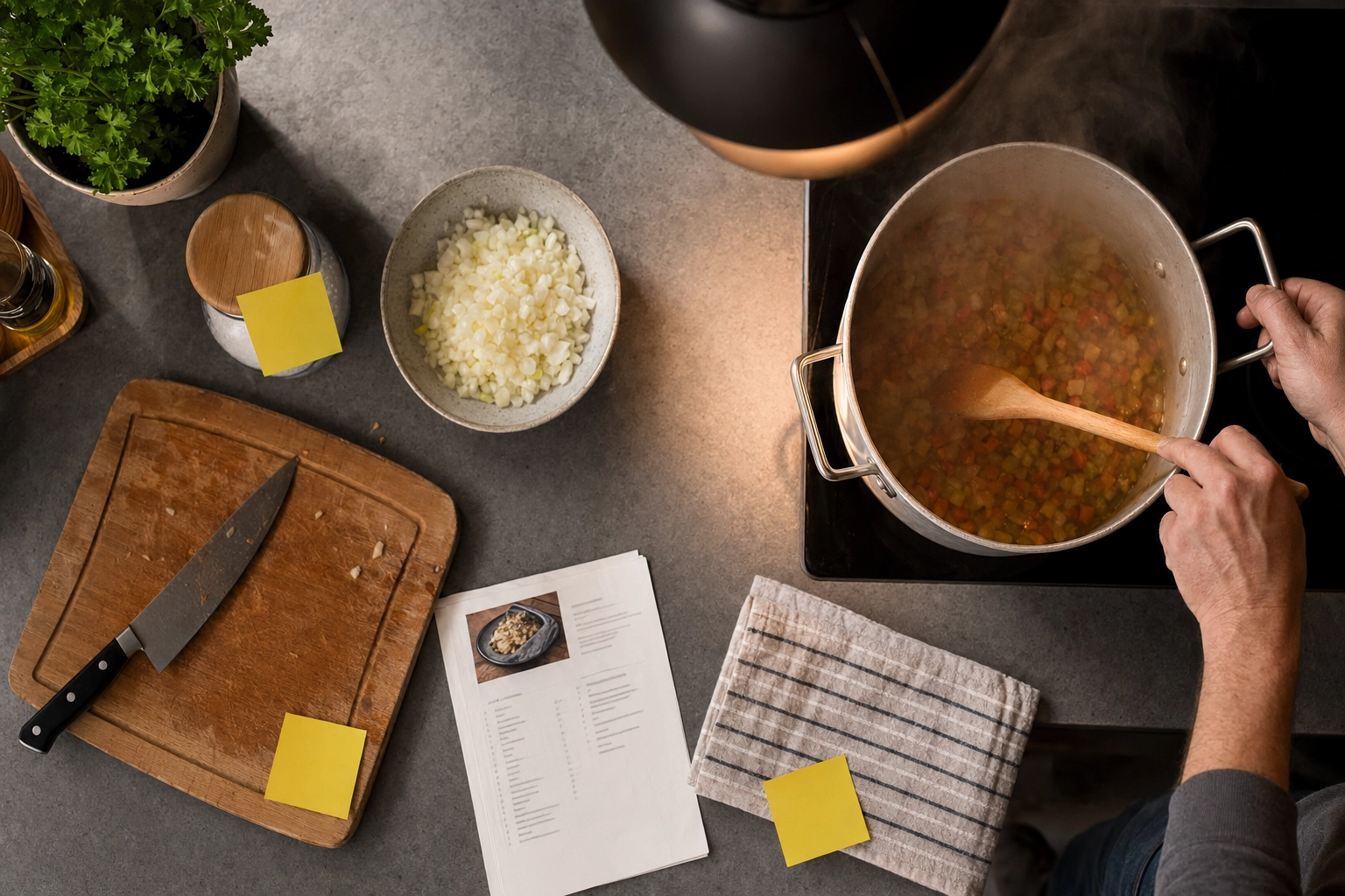 Overhead view of a kitchen with hands cooking and English-labeled sticky notes on common items for daily narration practice