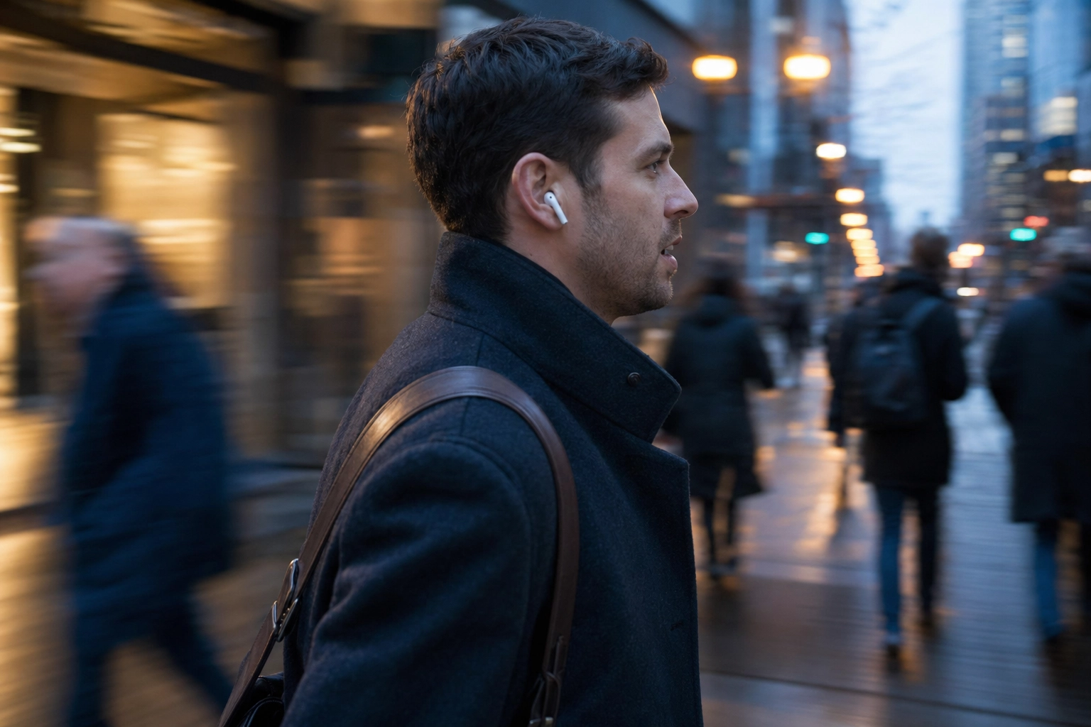 A commuter shadowing English audio while walking through a city sidewalk in the morning with wireless earbuds
