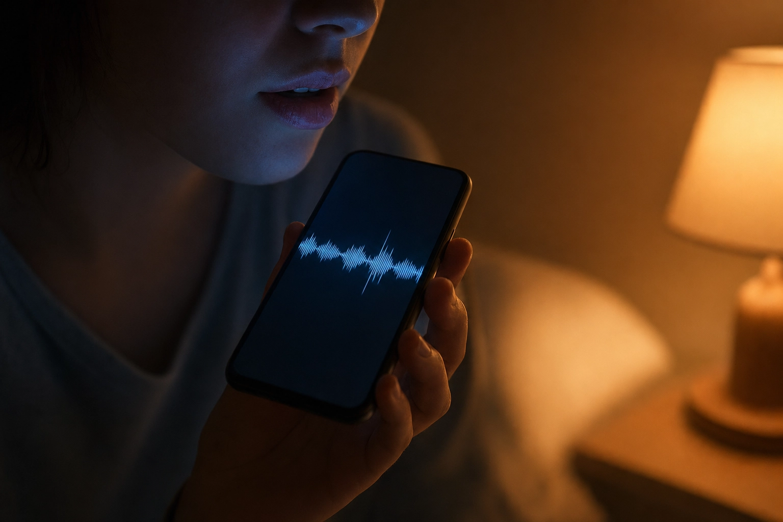 A person recording a voice journal in English on their phone before bed with soft warm lighting