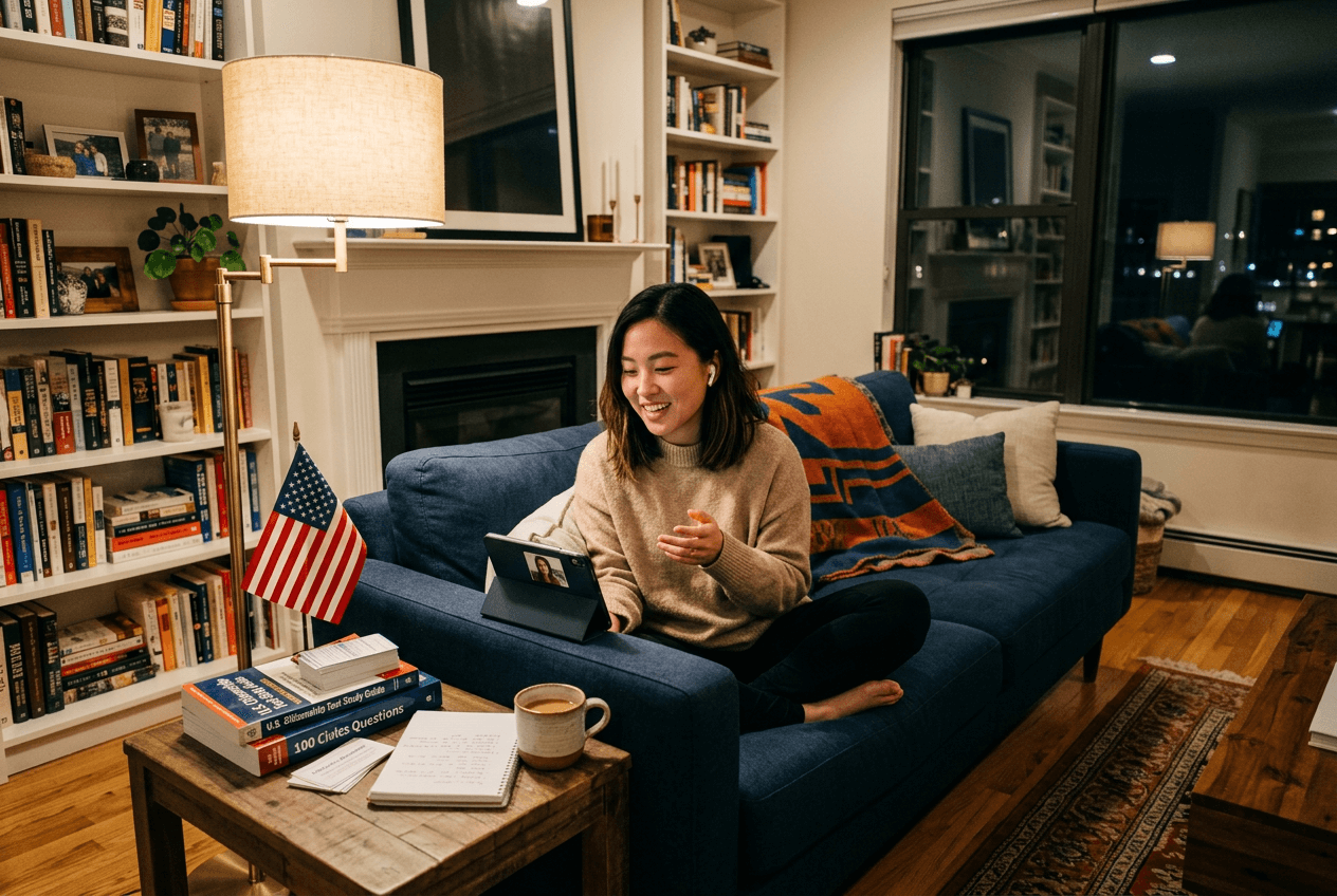Woman studying for US citizenship interview at home while practicing English speaking on her phone