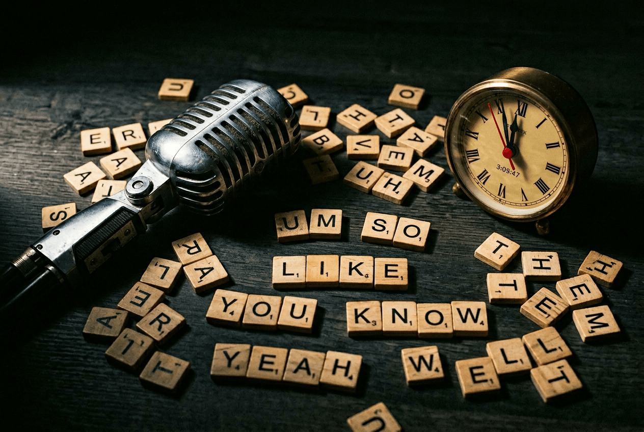 Conceptual image of interview speaking mistakes with scattered filler word letter tiles near a microphone