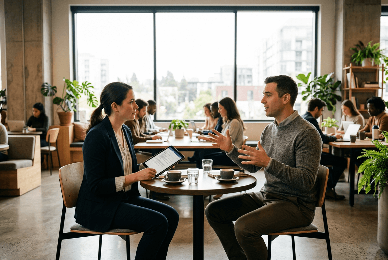 Two professionals practicing English conversation and interview skills in a modern co-working space