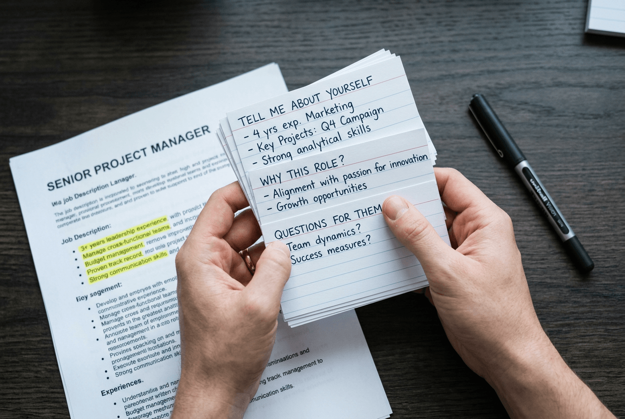 Handwritten interview preparation notes on index cards next to a highlighted job listing