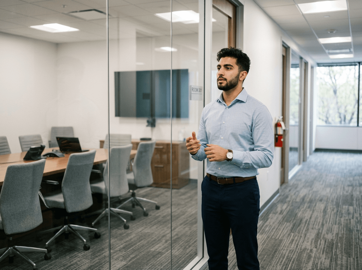 Job candidate rehearsing interview answers outside a conference room before an English interview