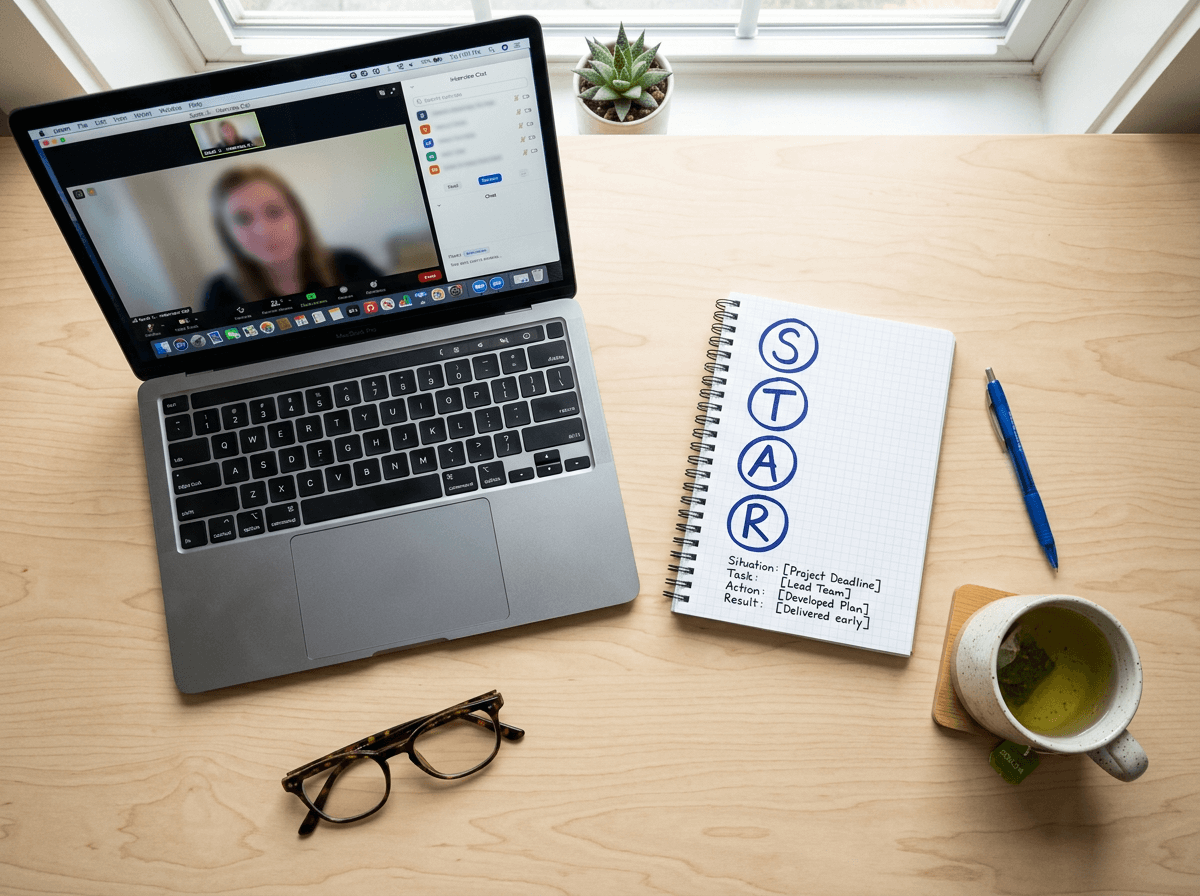 STAR method interview preparation workspace with notes and laptop for English speaking practice