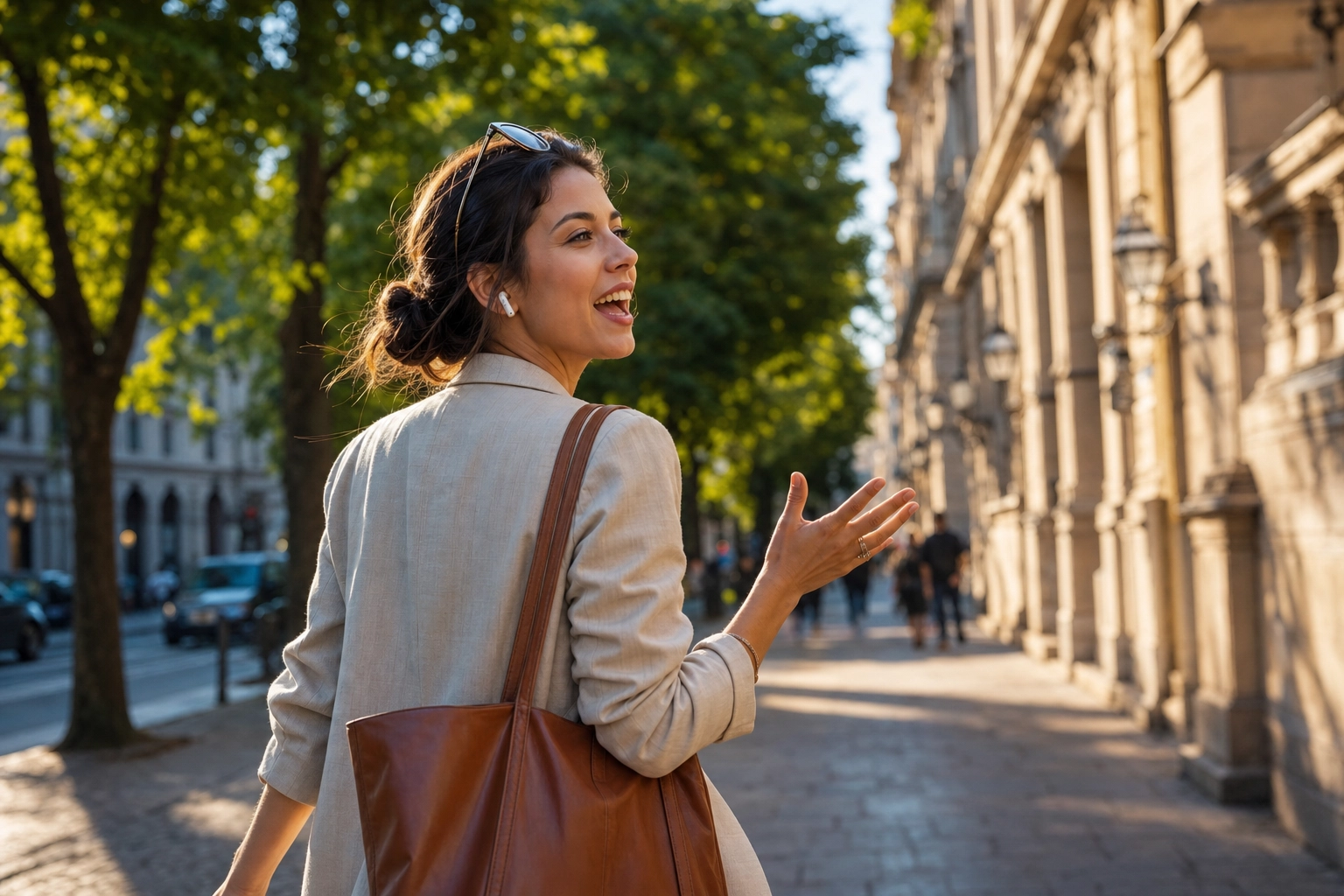 Young woman walking outdoors and speaking confidently through earbuds, practicing real-time English conversation