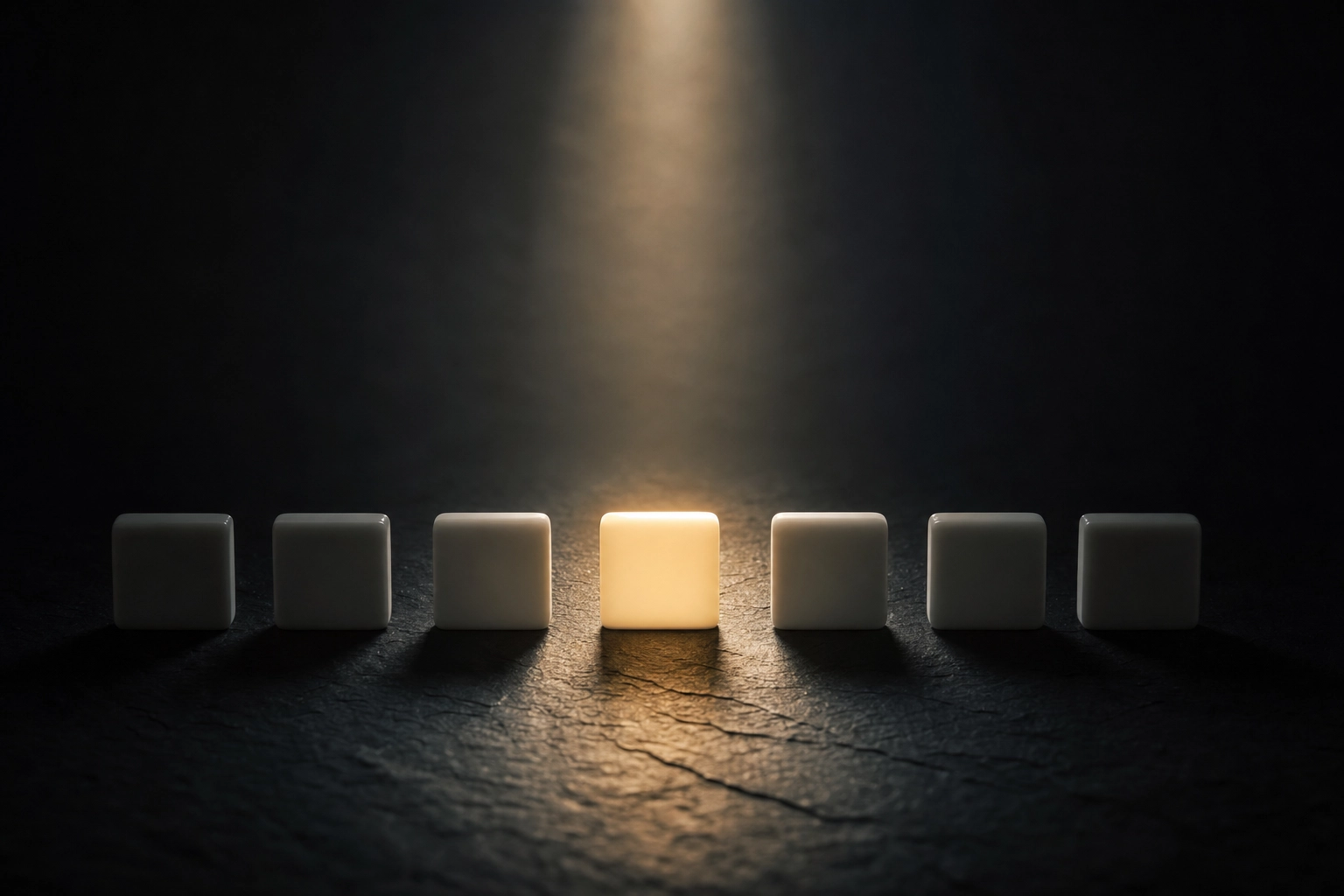 Seven white tiles with a spotlight illuminating only one, visualizing how stressing different words changes a sentence's meaning