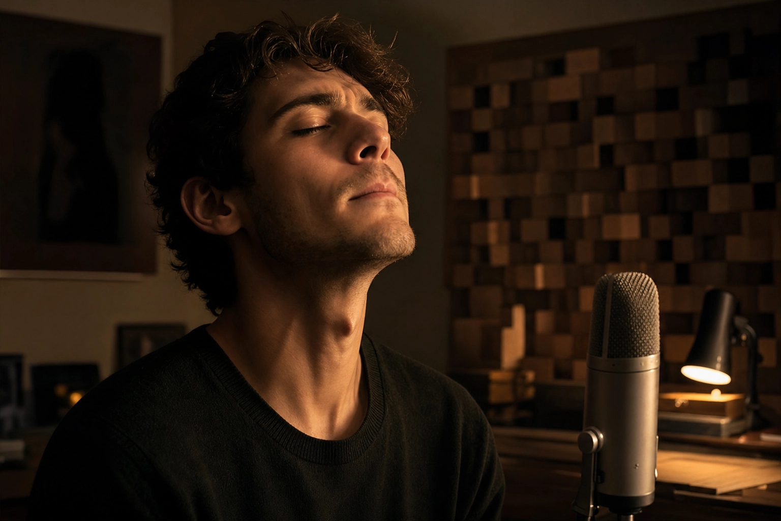 Young man humming with eyes closed beside a desktop microphone, practicing English intonation melody before adding words