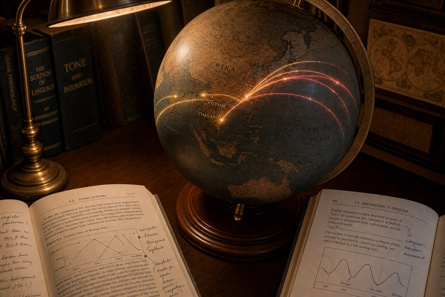 Antique world globe with light arcs connecting tonal language regions of Asia to English-speaking regions, illustrating L1 interference