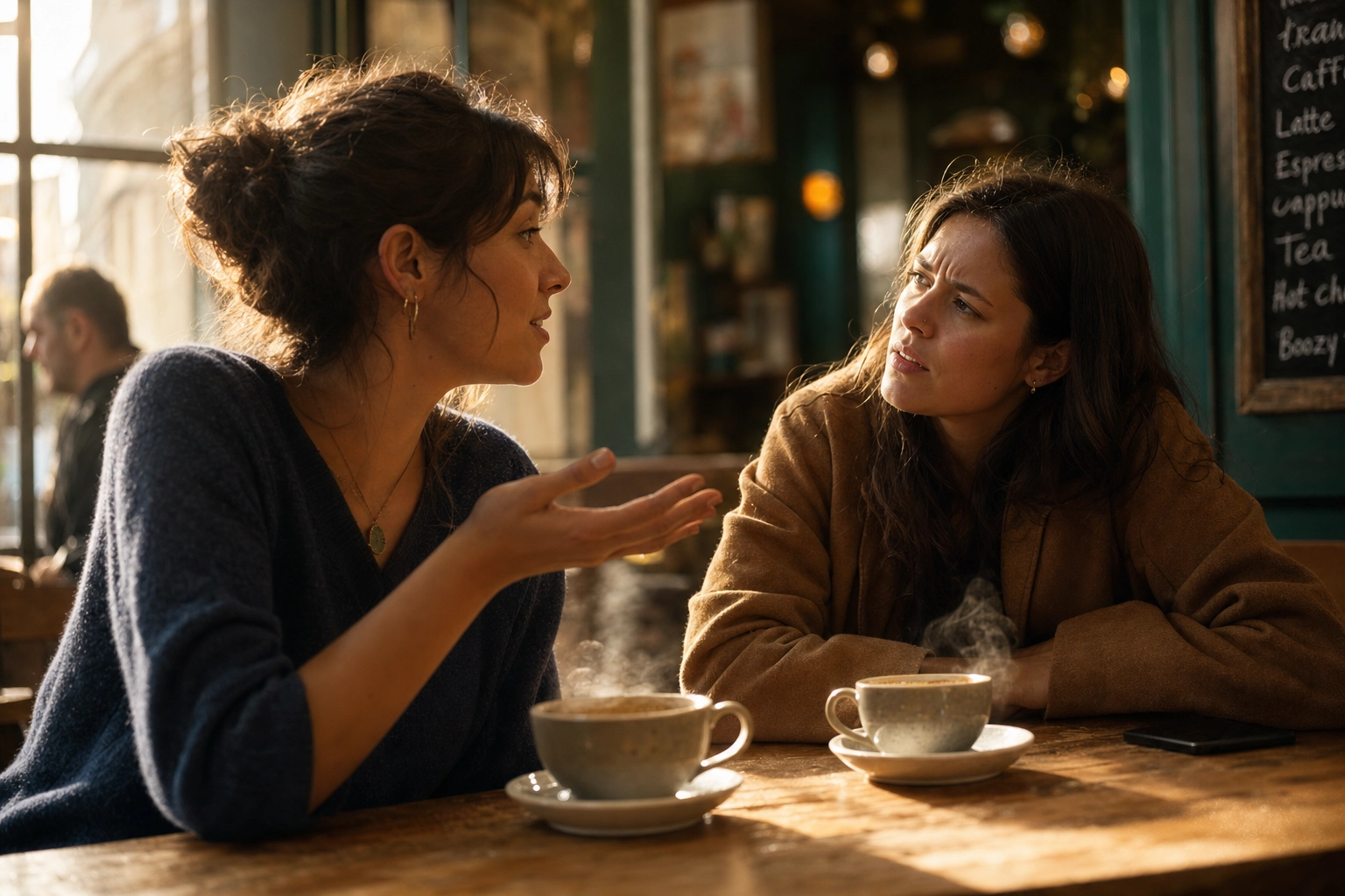 Two friends at a cafe table where one looks puzzled by the other's tone, illustrating statement versus question intonation confusion