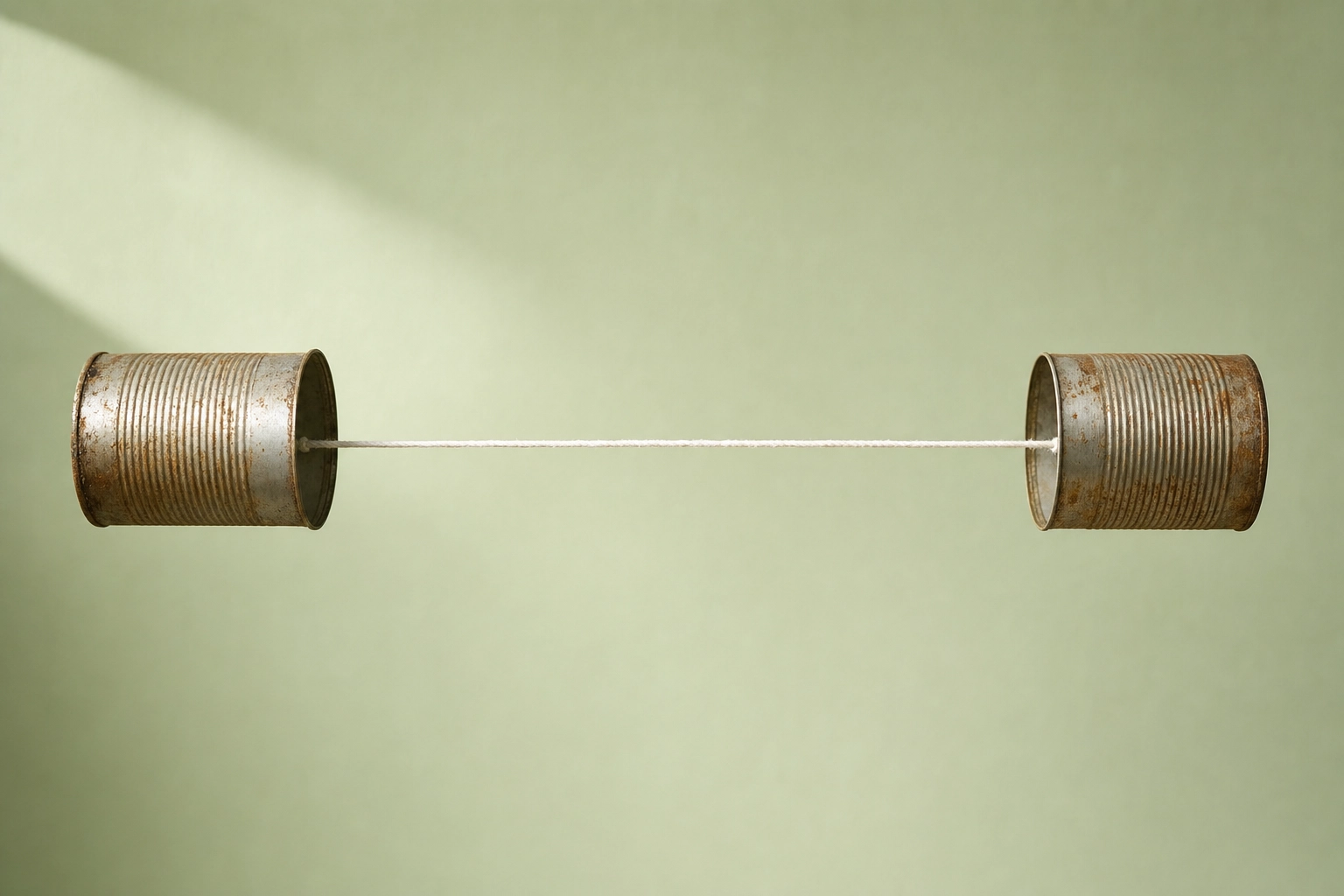 Two tin can telephones connected by string, representing AI conversation practice that trains English linking through real-time voice interaction