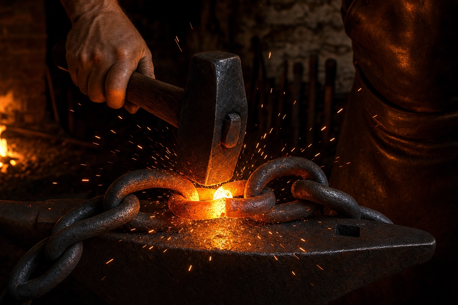 Blacksmith joining two iron chain links at a glowing forge, illustrating consonant-to-vowel linking in English pronunciation