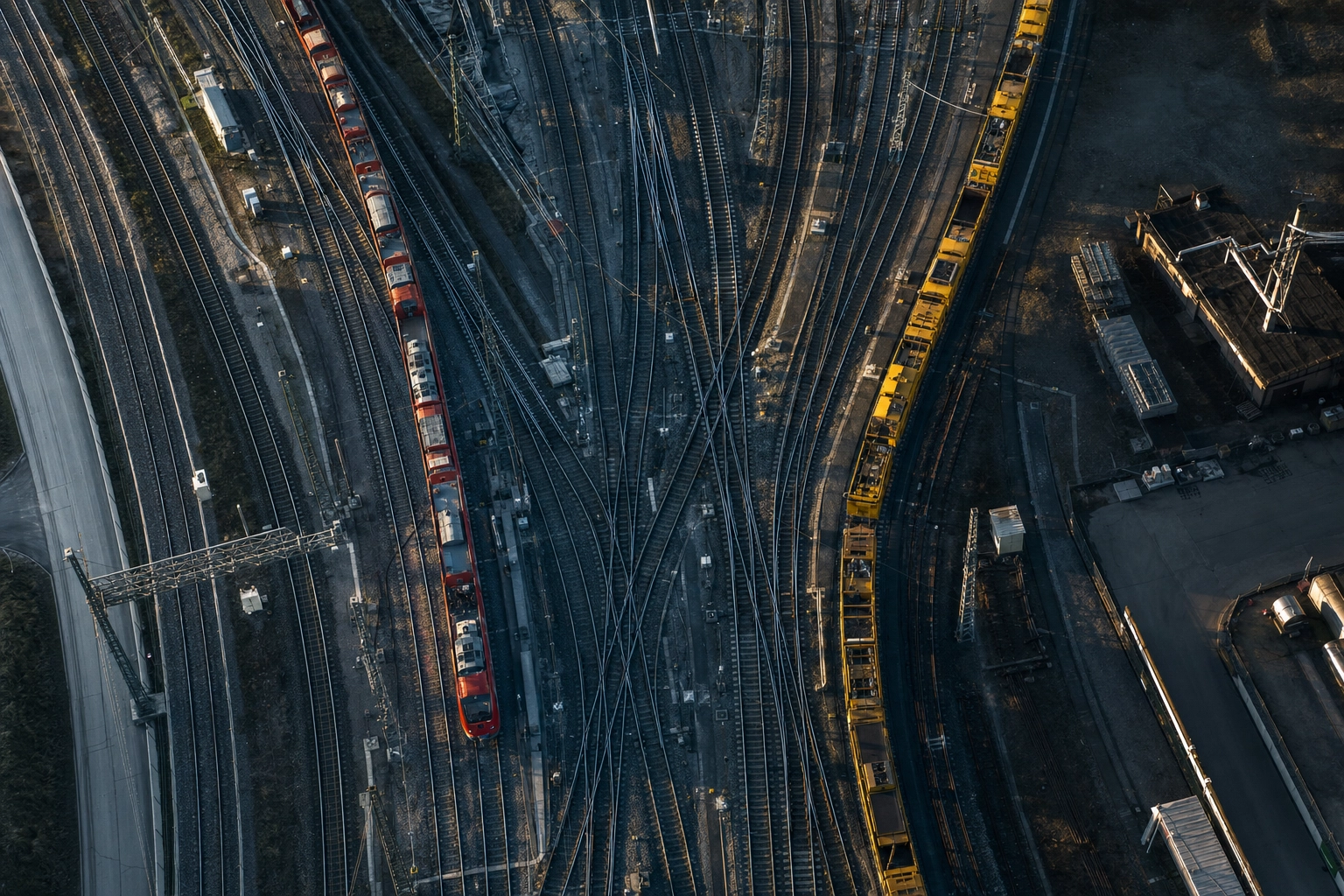 Aerial view of converging railway tracks, representing how speakers of different first languages adapt to English linking patterns