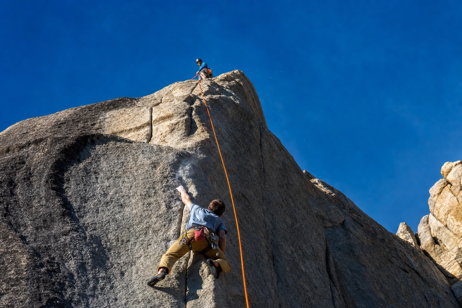 Two rock climbers connected by a rope on a vertical cliff, representing the linking chain exercise for progressive English pronunciation practice
