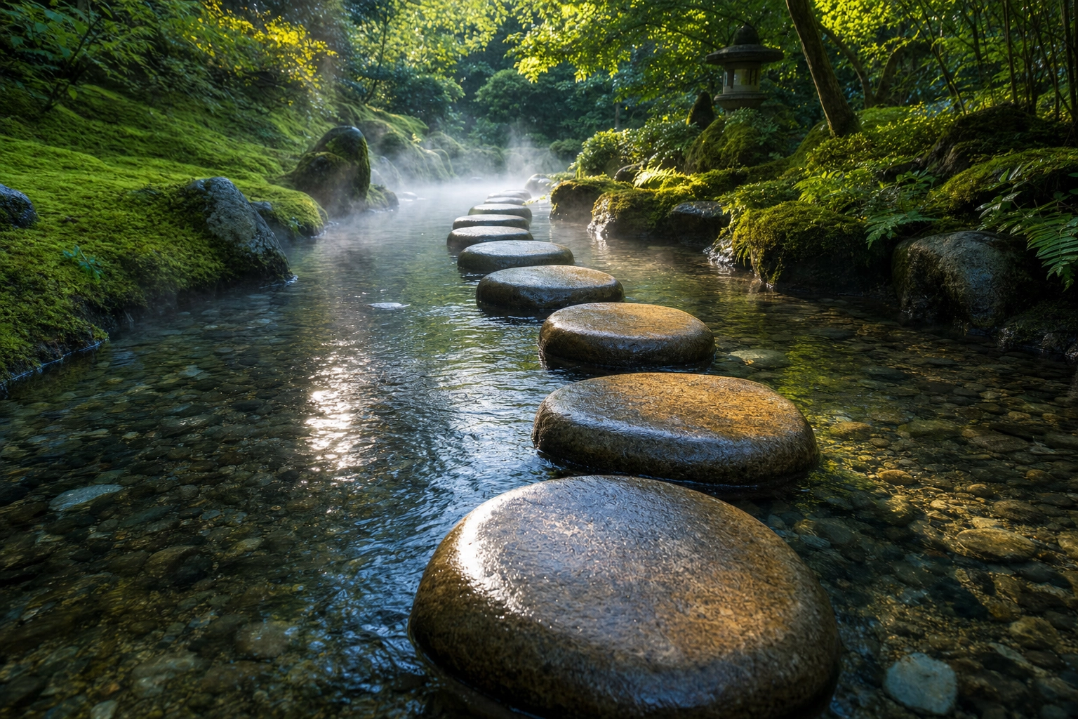 Stepping stones bridging a mountain stream, illustrating how intrusive sounds connect vowels in English vowel-to-vowel linking