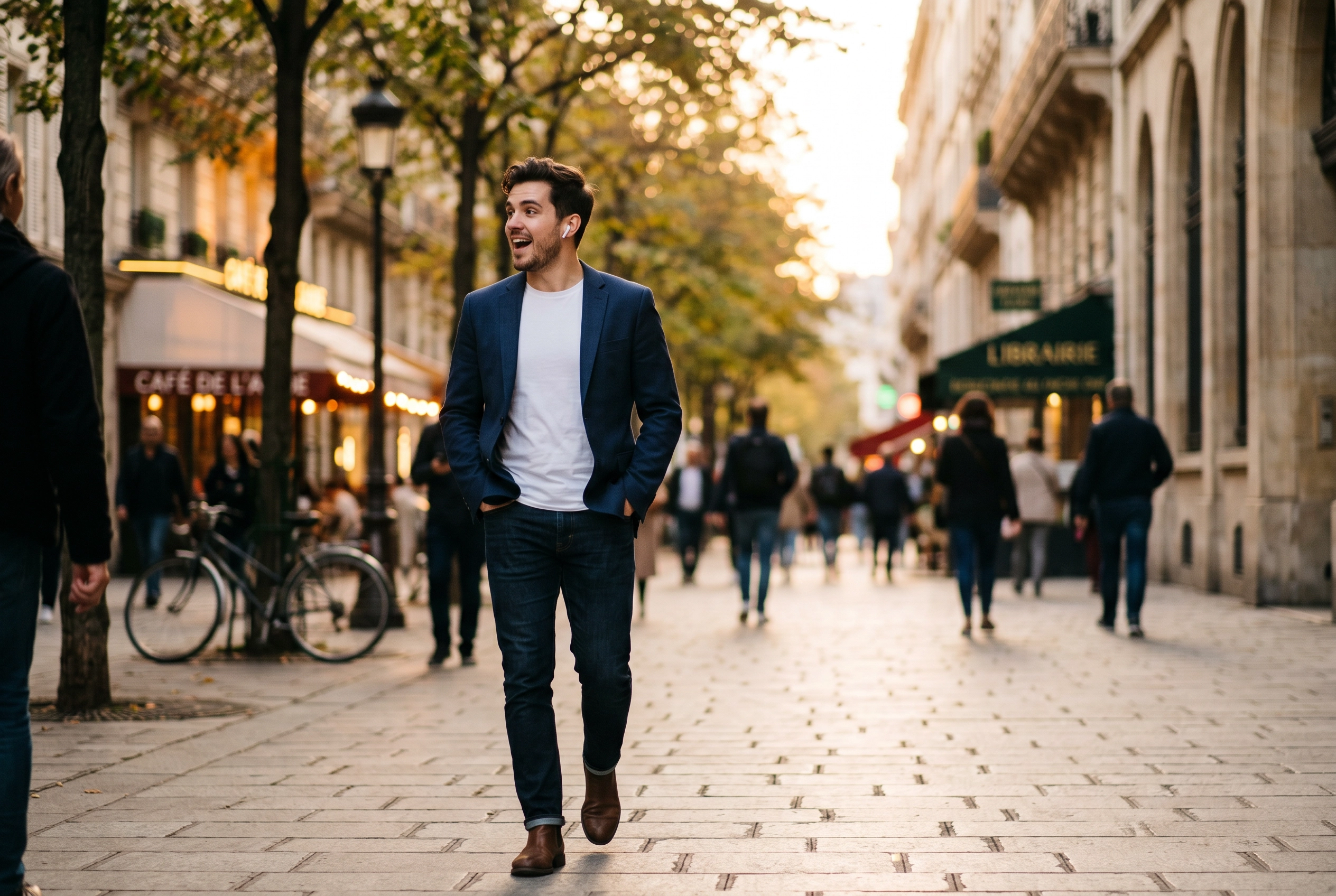 Hombre caminando al aire libre con auriculares inalámbricos practicando conversación en inglés con un tutor de IA