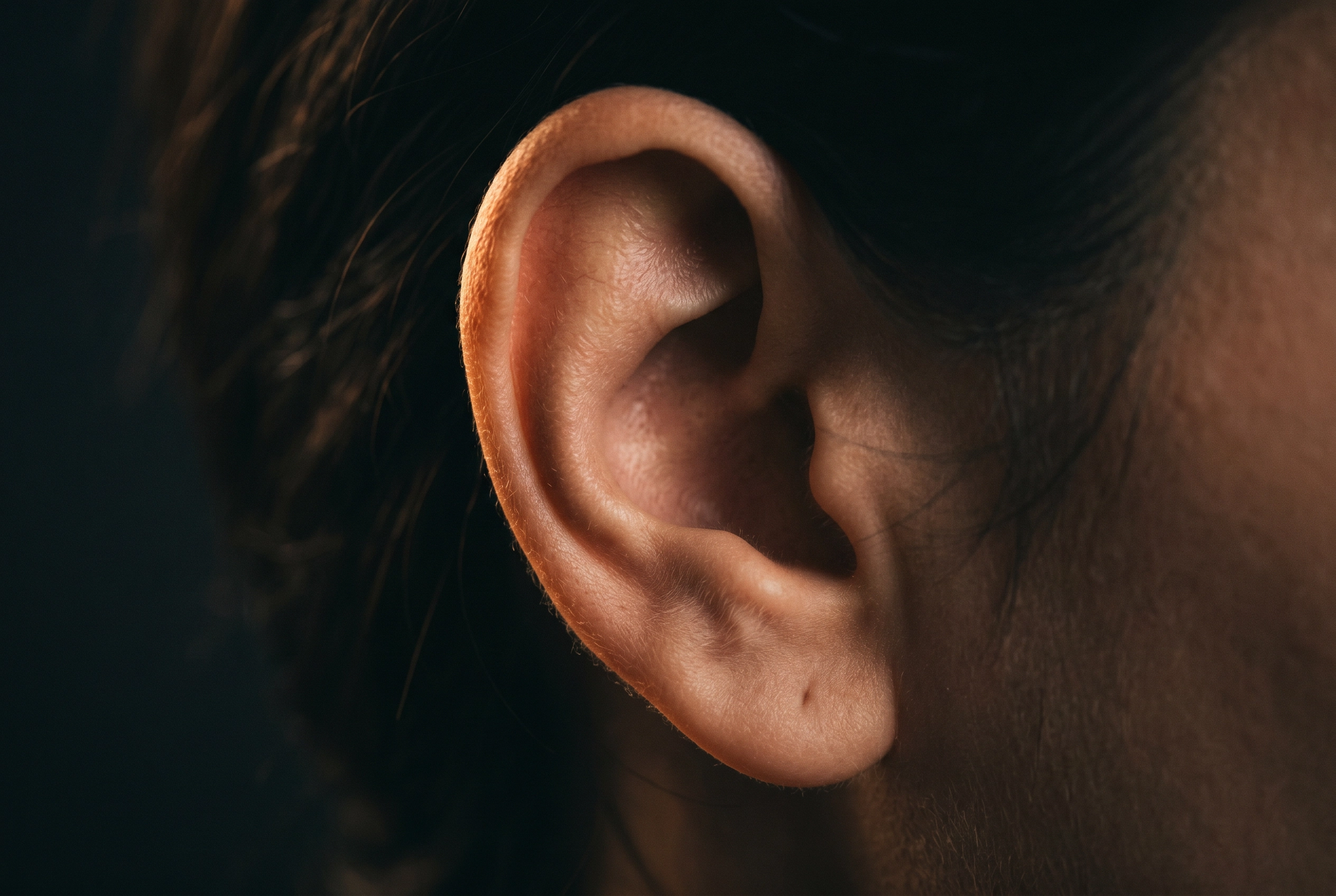 Primer plano de una oreja humana iluminada cálidamente desde atrás, representando la escucha de las sutiles diferencias de sonido en los pares mínimos en inglés