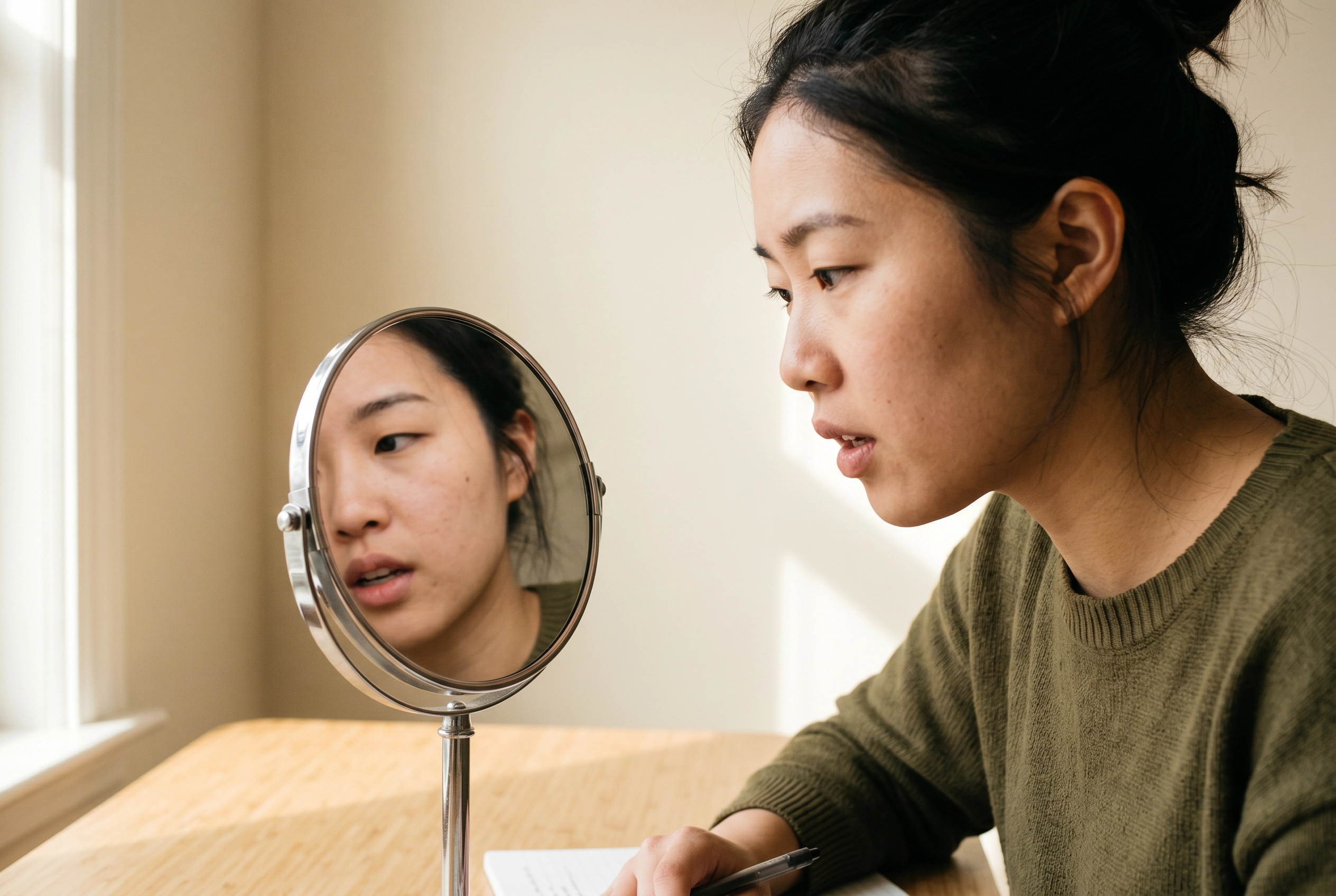 Estudiante de idiomas practicando los sonidos R y L del inglés frente a un pequeño espejo redondo