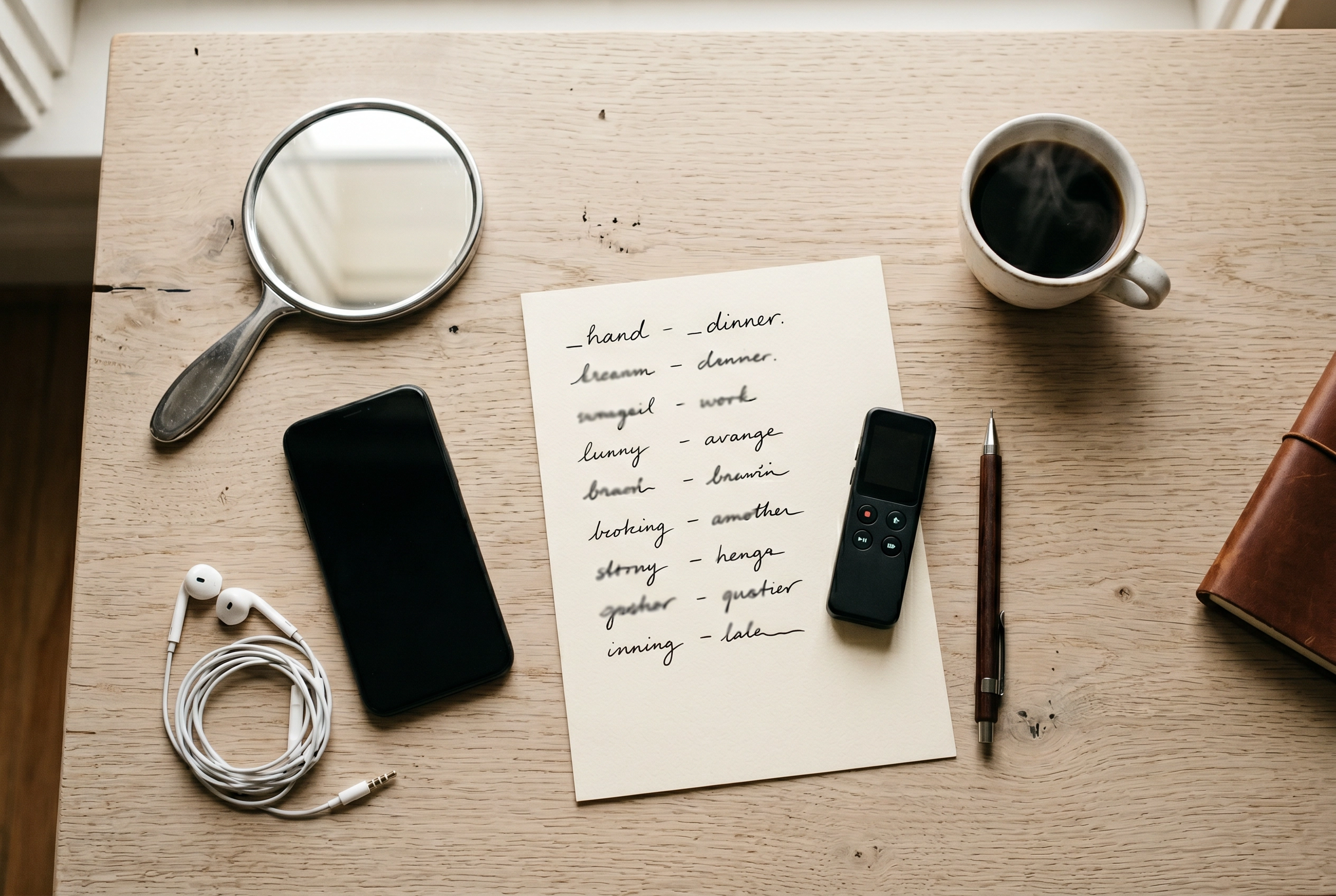 Vista cenital del escritorio para practicar pares mínimos, con espejo, auriculares y lista de palabras