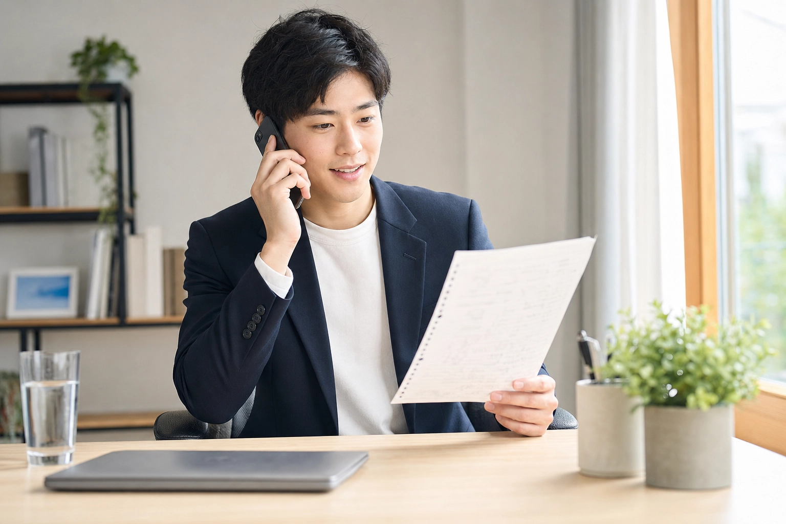 Giovane uomo durante un colloquio telefonico alla sua scrivania, con uno smartphone in mano mentre dà un'occhiata agli appunti di preparazione scritti a mano