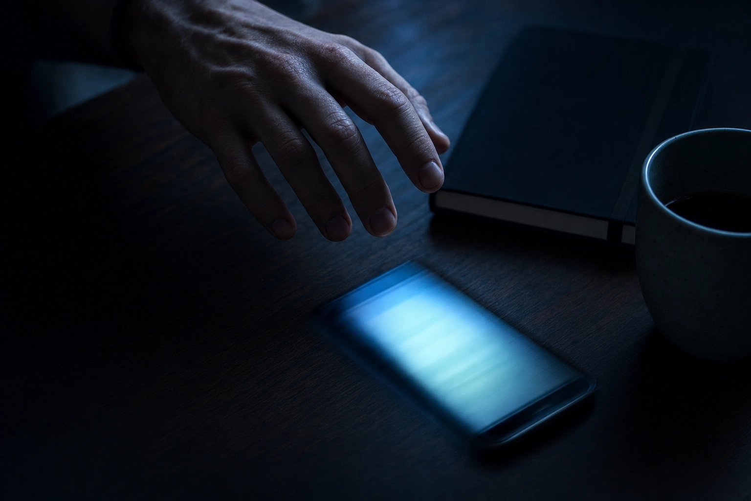 Mano esitante sospesa su uno smartphone che vibra su una scrivania buia, a rappresentare l'ansia da telefonata in inglese