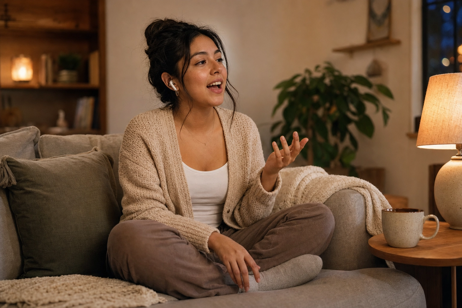 Donna rilassata con auricolari wireless che parla ad alta voce a casa, esercitandosi con tranquillità in una conversazione in inglese