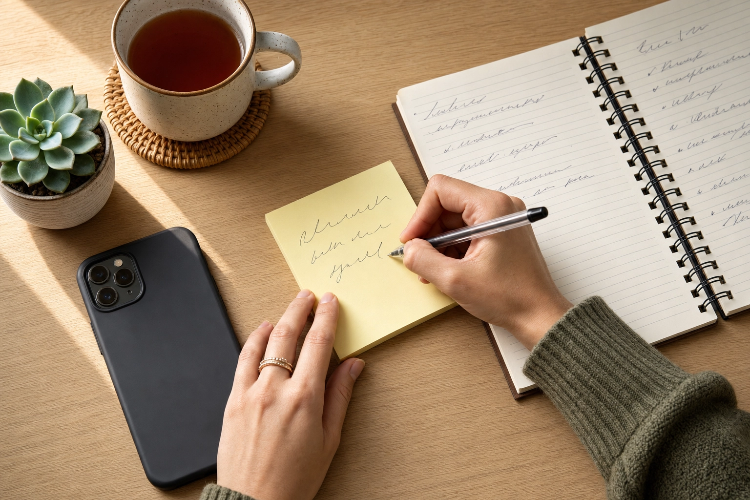 Mani che annotano un messaggio telefonico su un foglietto adesivo accanto a un quaderno e a uno smartphone girato a faccia in giù sulla scrivania