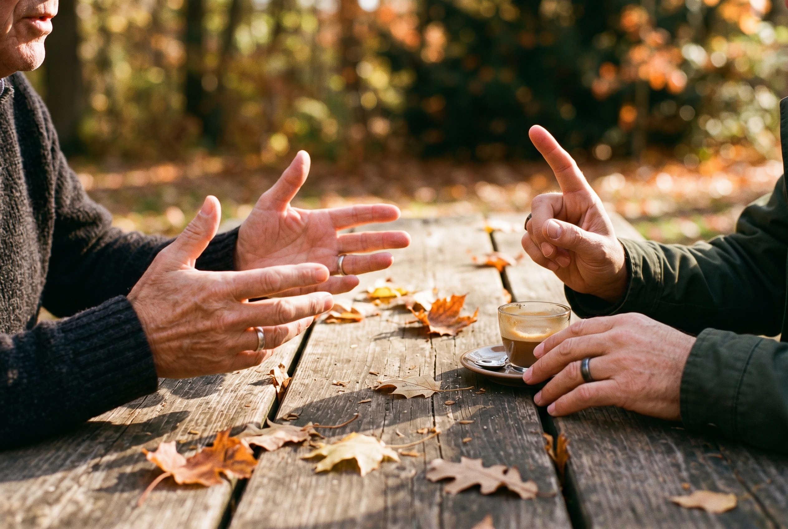 Close-up of two sets of hands gesturing during conversation over coffee in autumn park, representing communication phrasal verbs