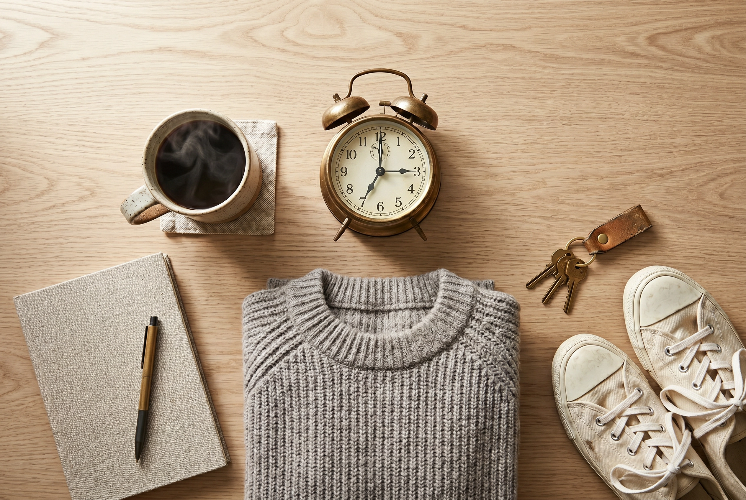 Overhead flat-lay of daily routine items — alarm clock, coffee, sweater, sneakers — representing common daily routine phrasal verbs