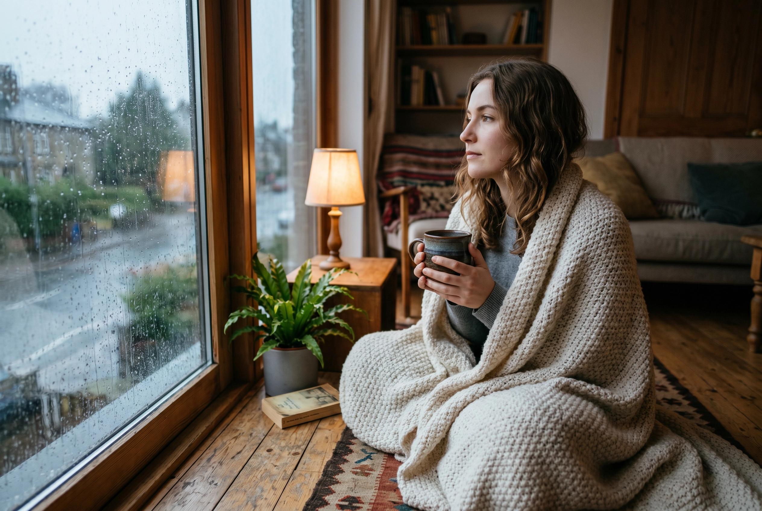 Young woman wrapped in a blanket by a rainy window holding tea, representing emotion phrasal verbs like calm down and get over