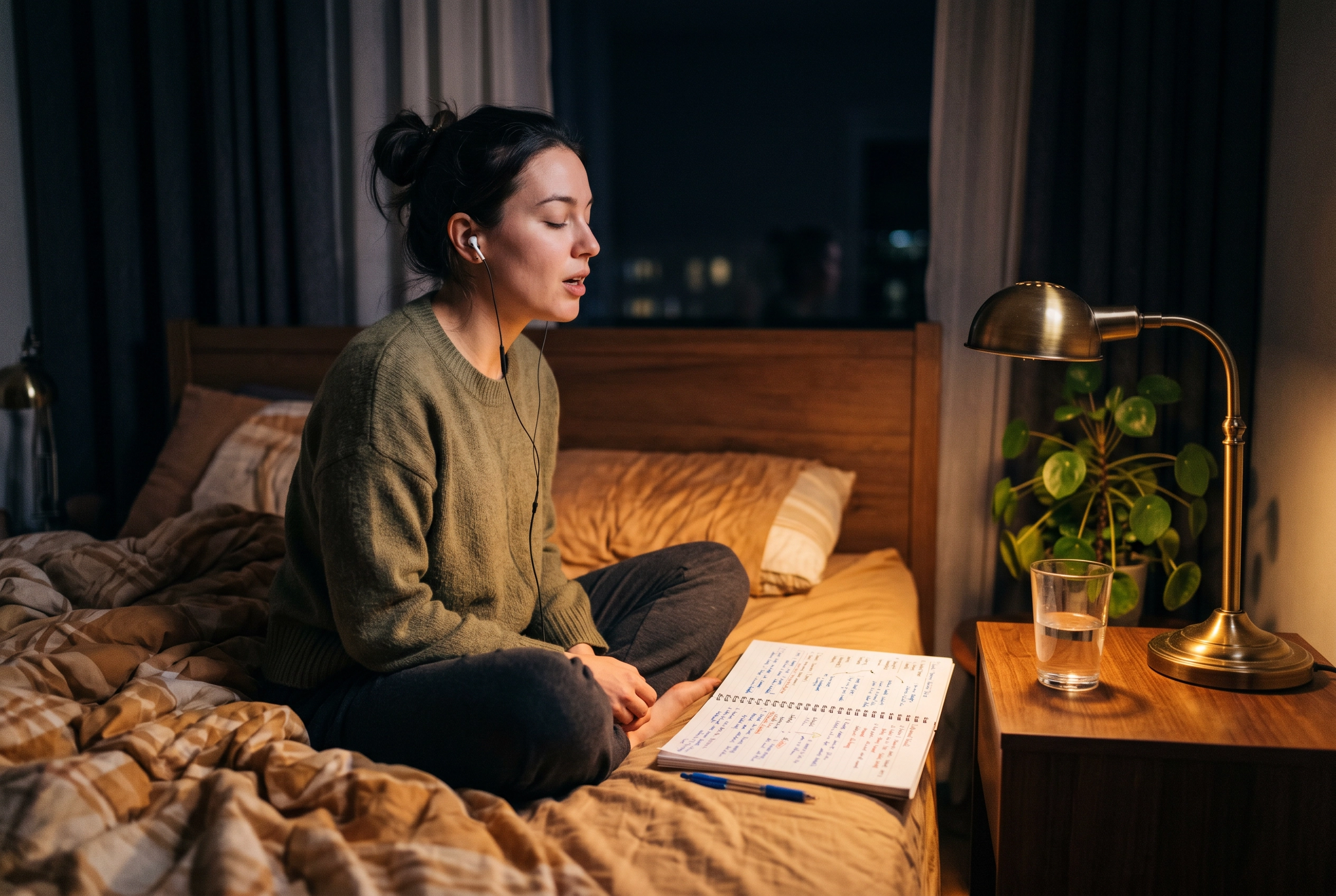 English learner practicing speaking out loud with earbuds and handwritten notes, representing learning phrasal verbs through practice