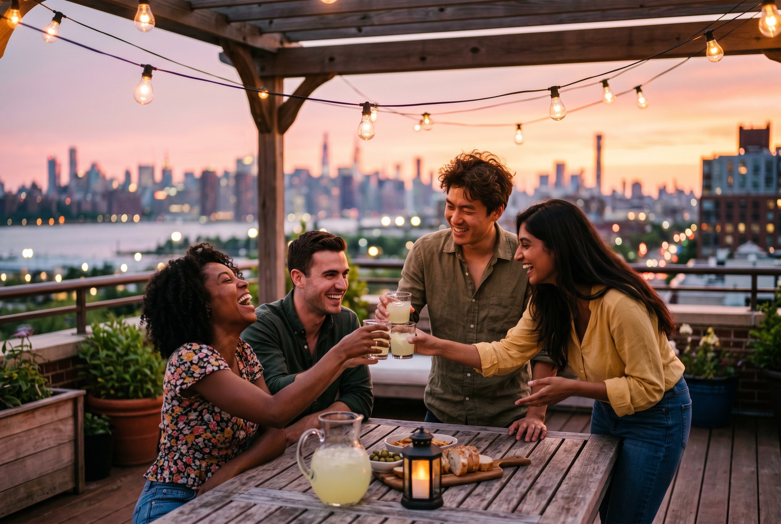 Four friends laughing and catching up on a rooftop at sunset, illustrating social phrasal verbs like hang out and catch up