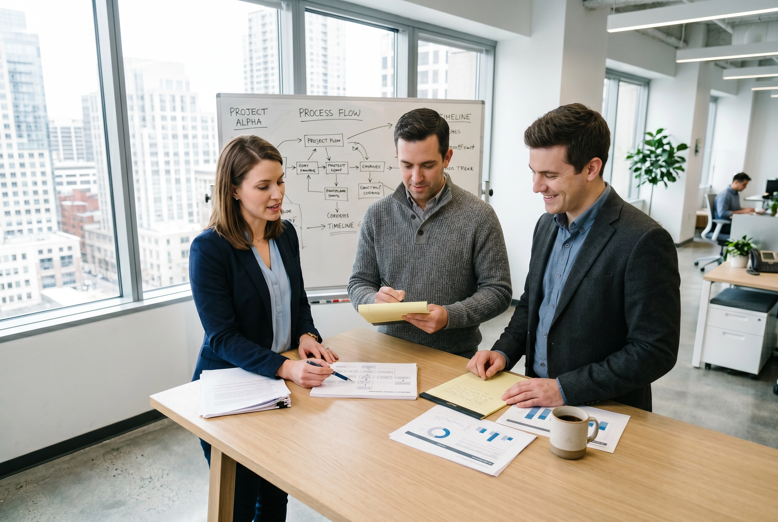 Three colleagues collaborating around a standing desk in a modern office, representing work phrasal verbs like follow up and set up