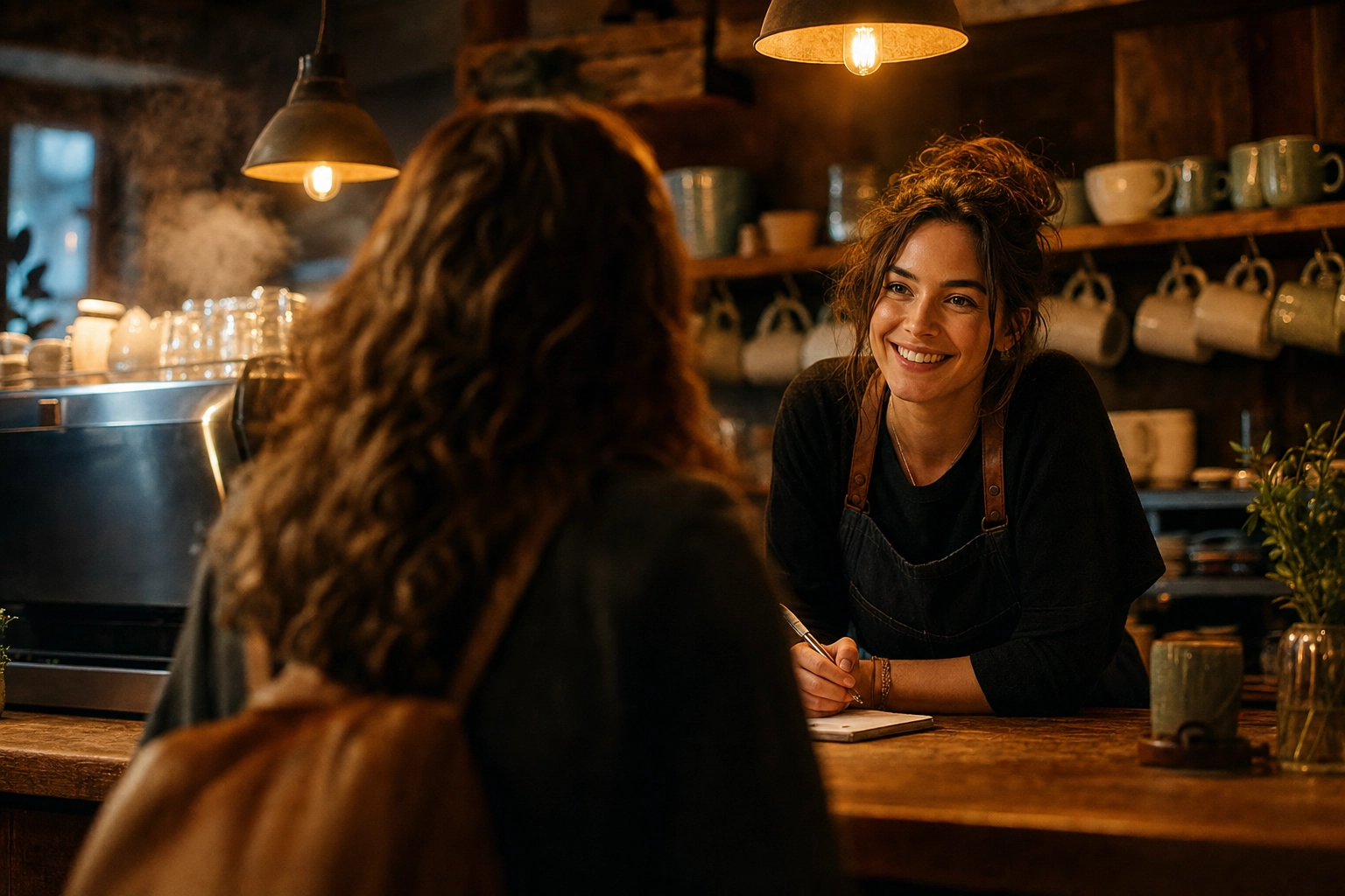 Kunde bestellt auf Englisch an der Theke eines gemütlichen Cafés, während ein freundlicher Barista zuhört, warmes Innenraumlicht
