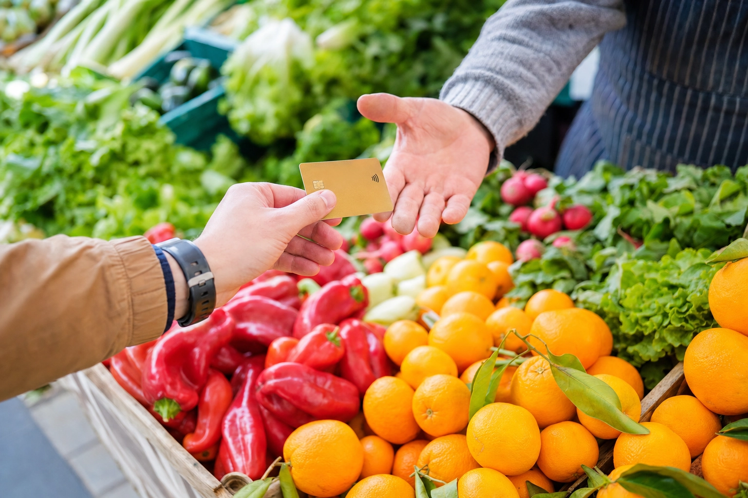 Käufer bezahlt mit Karte an einem bunten Marktstand unter freiem Himmel, Nahaufnahme von Händen, die die Zahlung über frischem Gemüse austauschen