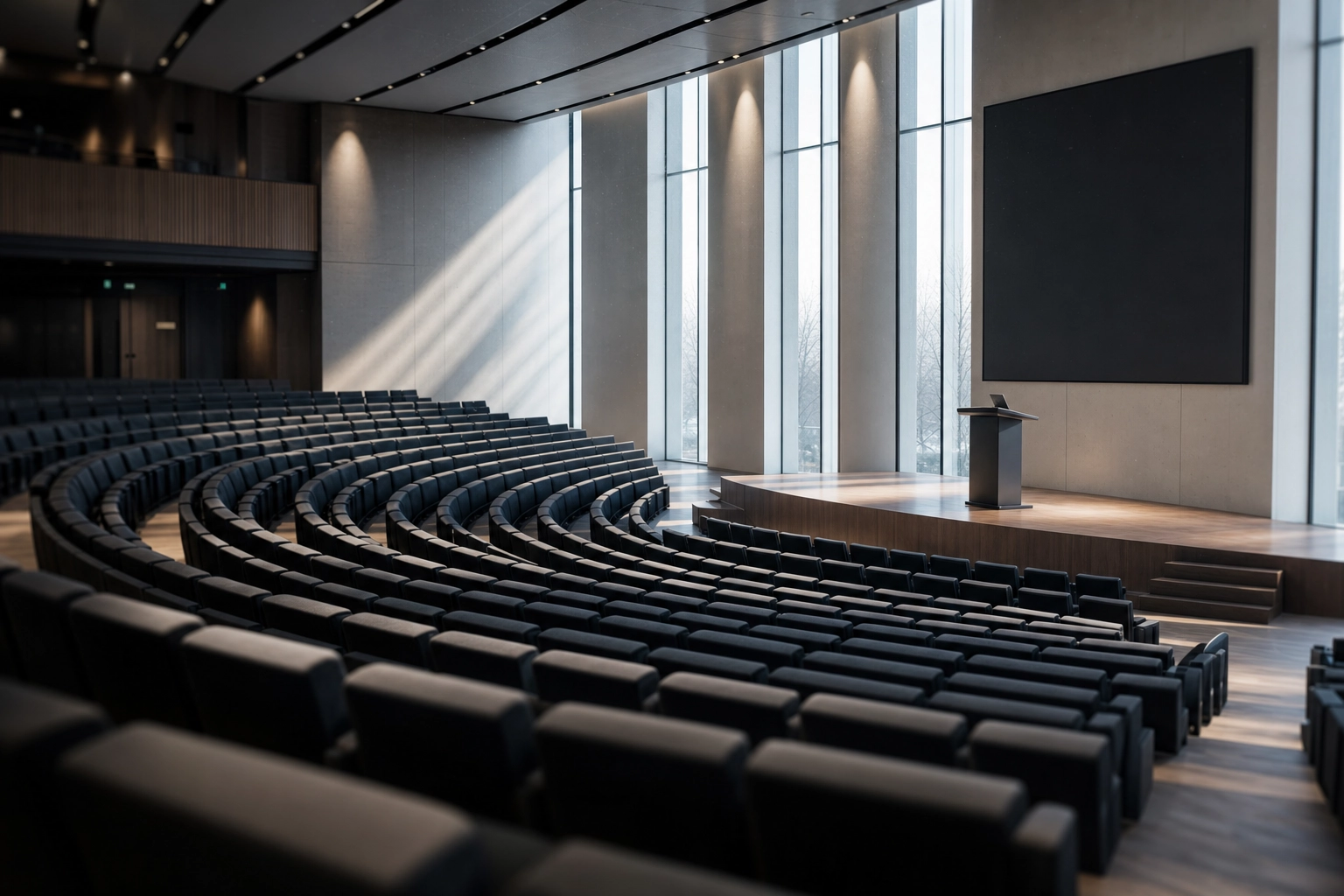 Empty modern auditorium with rows of empty chairs in soft morning light before presentation begins