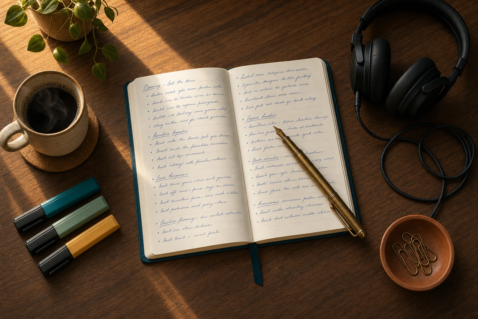 Overhead flat-lay of presentation preparation desk with notebook of handwritten English phrases, fountain pen, coffee, and noise-cancelling headphones