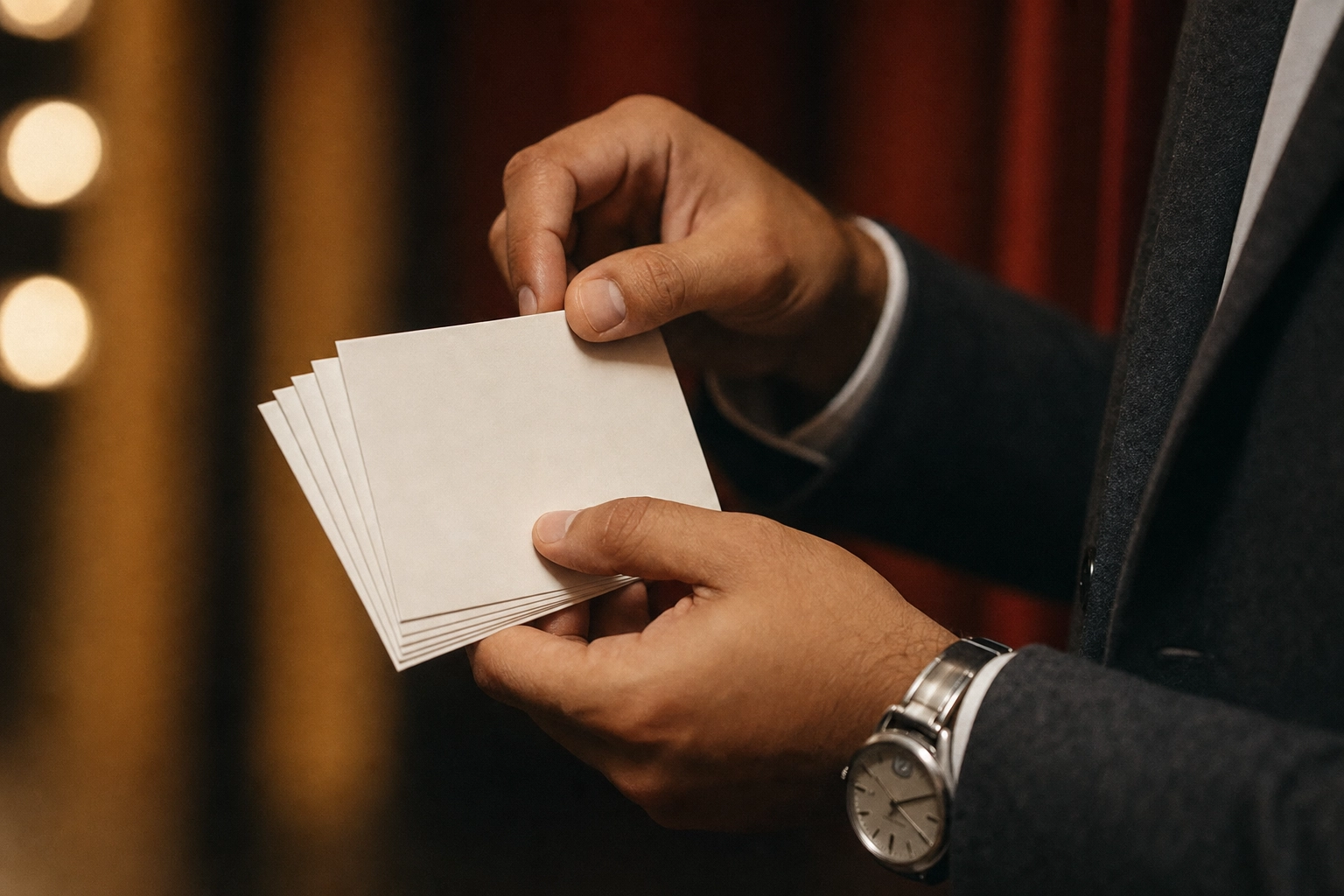 Close-up of presenter's hands holding white index cards backstage moments before delivering English presentation