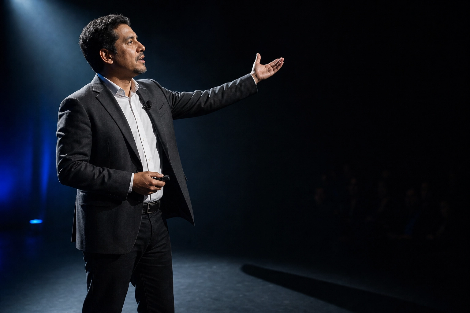Side profile silhouette of speaker mid-gesture during English presentation under dramatic stage lighting