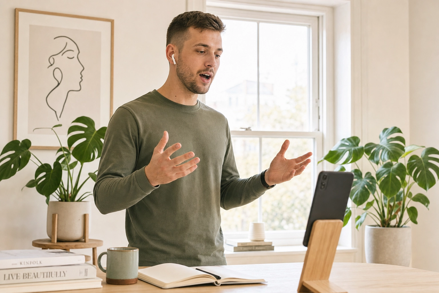 Person rehearsing English presentation aloud with smartphone propped on stand in bright home workspace