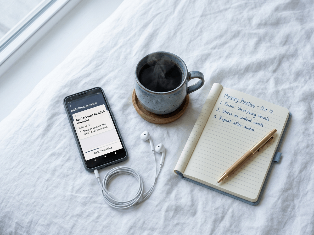 Morning pronunciation practice setup with phone, earbuds, coffee, and notebook