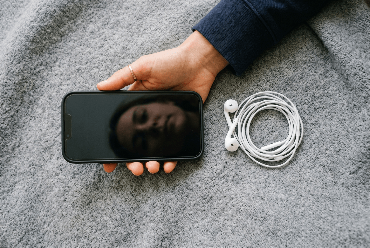 Hand holding smartphone with earbuds ready for English pronunciation practice session