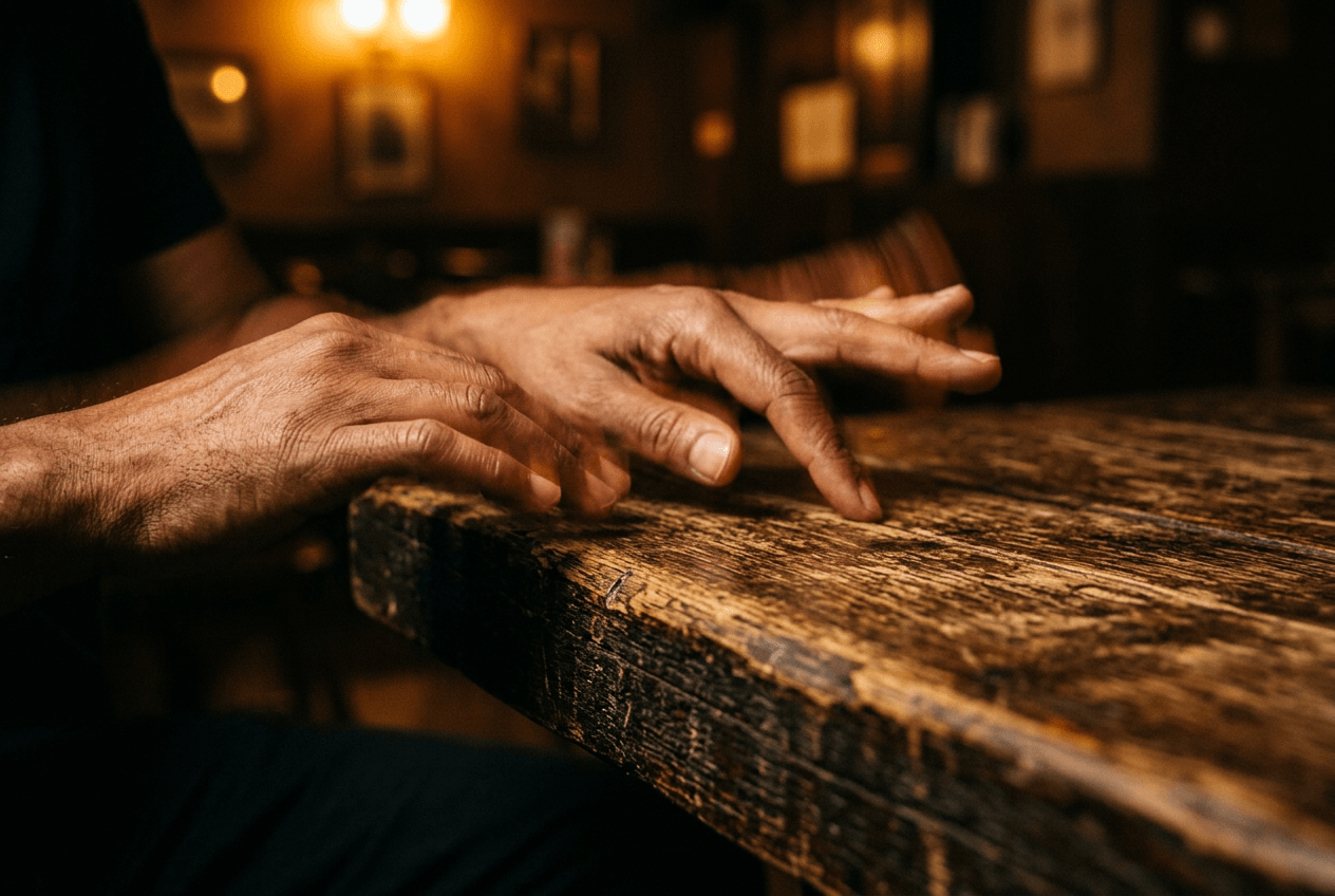 Hands tapping rhythmically on a table representing English word stress patterns and rhythm