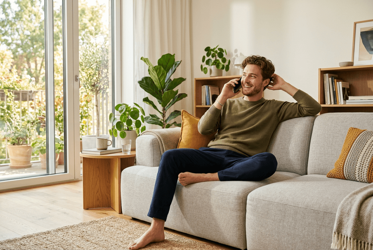 Young man practicing English conversation comfortably on phone in bright living room