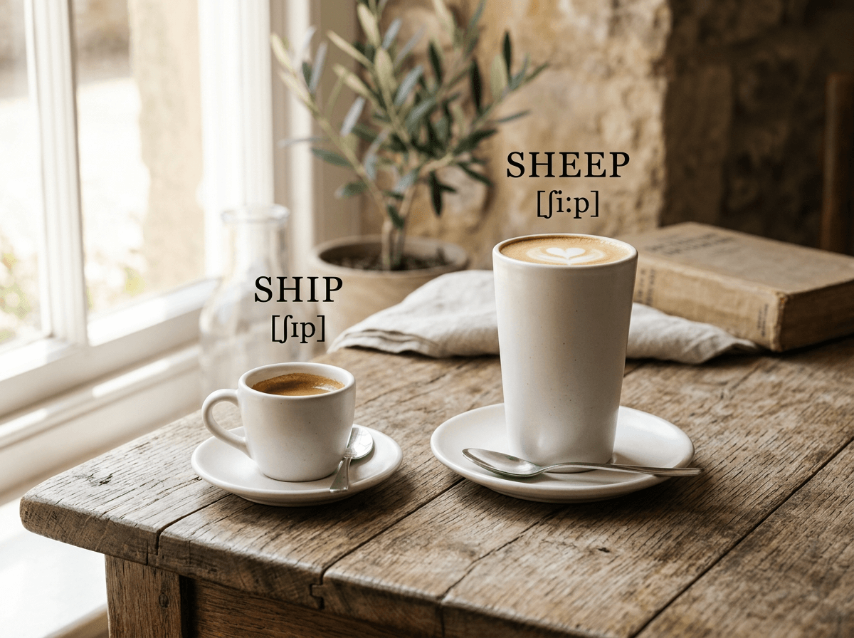 Two similar but different-sized cups representing short and long English vowel sound differences