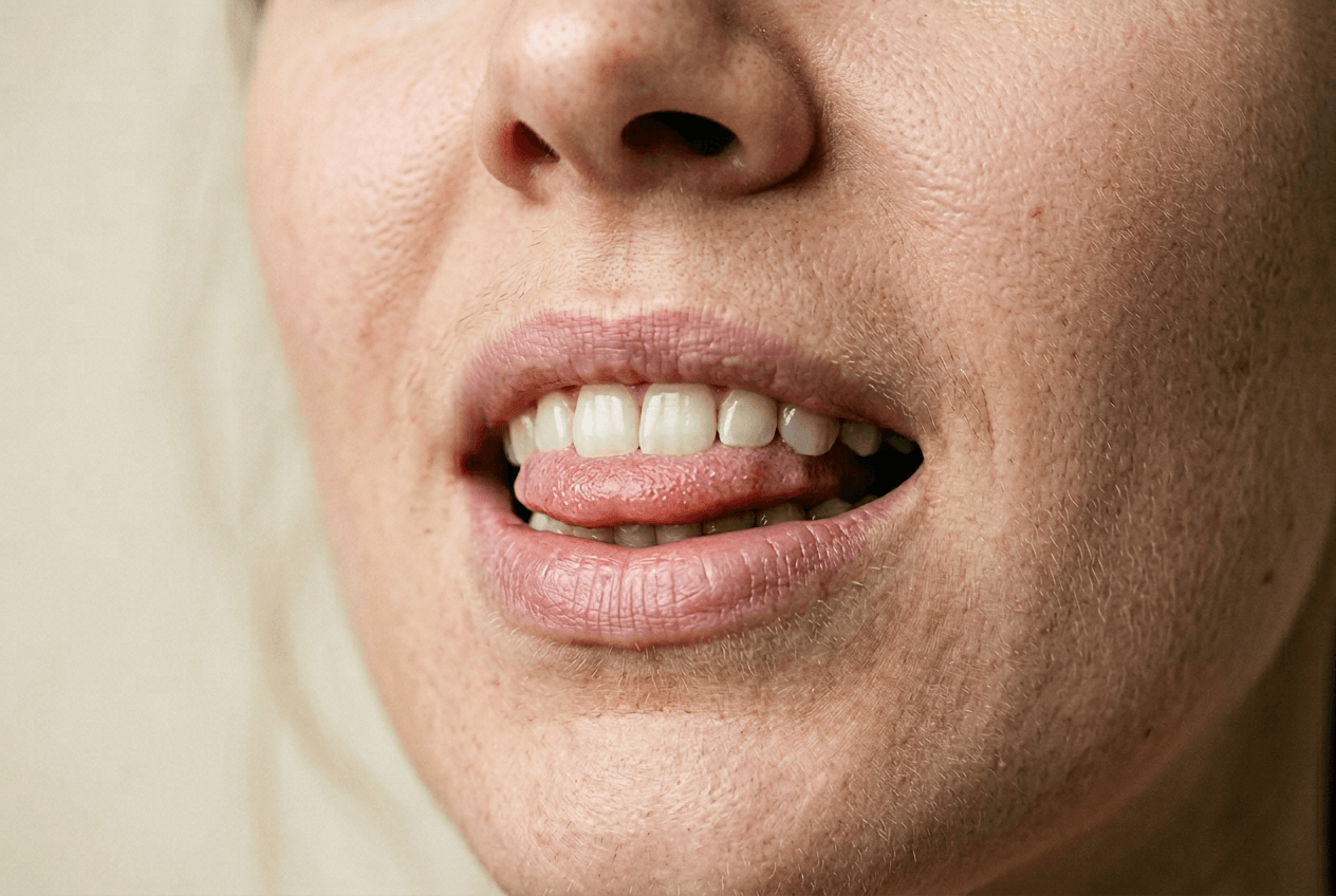 Close-up of mouth showing tongue position between teeth for TH sound pronunciation