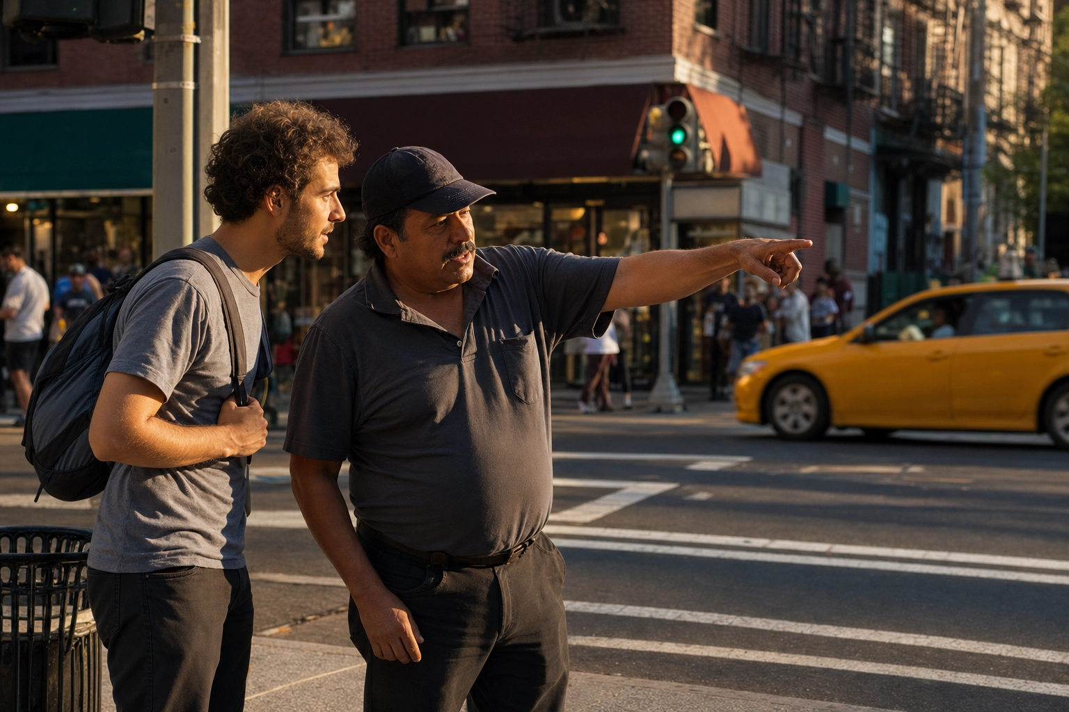A local pointing the way to a traveler asking for directions on a sunlit city street corner